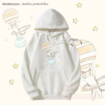 MODAKAWA X sumita_masataka Kapuzenpullover mit Fleece-Futter und Katzen-Lifting-Saturn-Grafik - Weiß - 5XL - image 5