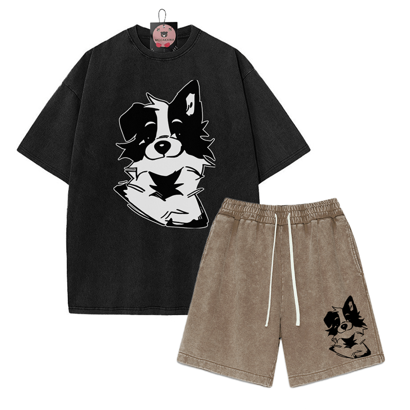 Zweiteiliges Set mit T-Shirt mit flauschiger Welpengrafik und verwaschenen Vintage-Shorts - Black&Brown - 3XL - image 5