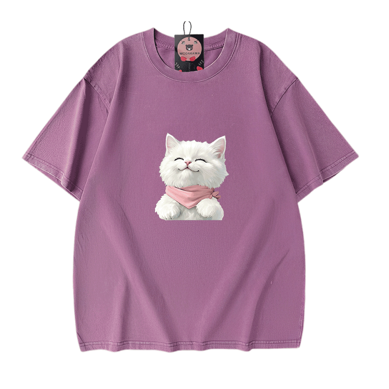 Modakawa Unisex Vintage T-Shirt mit weißer Katzengrafik - Purple - 5XL - image 8