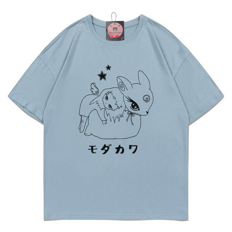 MODAKAWA X emotochi Bunny Girl Print T-Shirt - Dusty Blue - 5XL - image 5