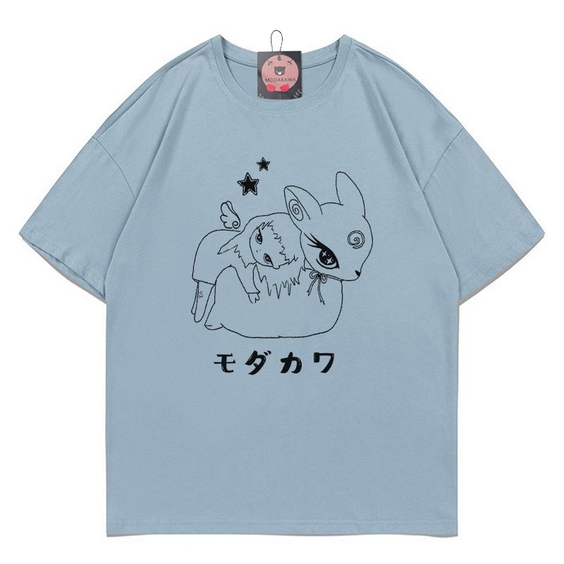 MODAKAWA X emotochi Bunny Girl Print T-Shirt - Dusty Blue - 5XL - image 5
