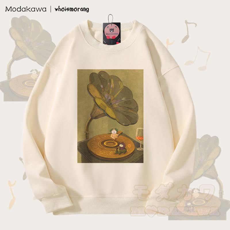 MODAKAWA X whoismorang Tier, das ein Grammophon bedient Grafik Unisex Sweatshirt - Beige - 5XL - image 3