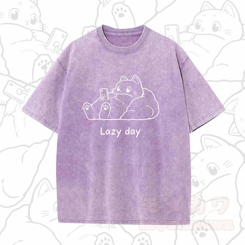 MODAKAWA LAZY DAY Kurzarm-T-Shirt mit niedlichem Katzenprint - Lila B - 5XL - image 15