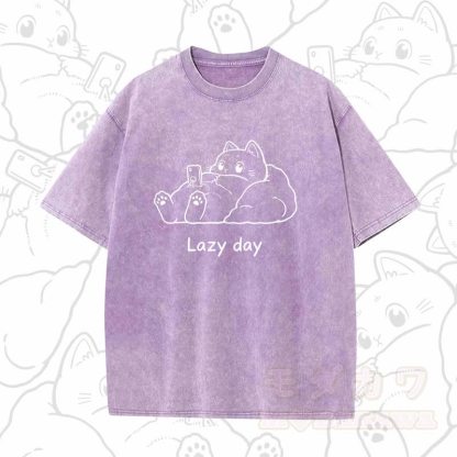 MODAKAWA LAZY DAY Kurzarm-T-Shirt mit niedlichem Katzenprint - Lila B - 5XL - image 15