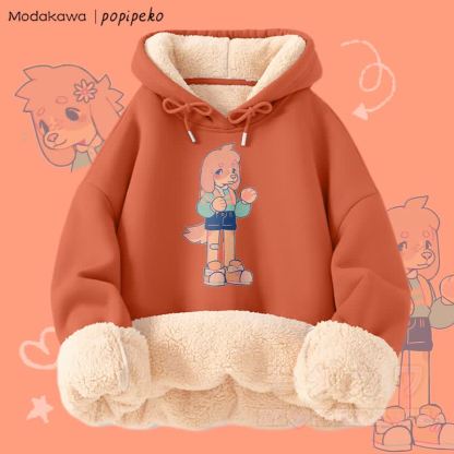 MODAKAWA X popipeko Niedlicher Welpen-Print Winterhoodie mit dickem Fleecefutter - Orange A - 2XL - image 3