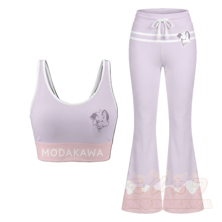 MODAKAWA X popipeko Puppy Graphic Crop Tank Top Sport Top Flare Pants Matching Outfit - Lila Set - 2XL - image 14
