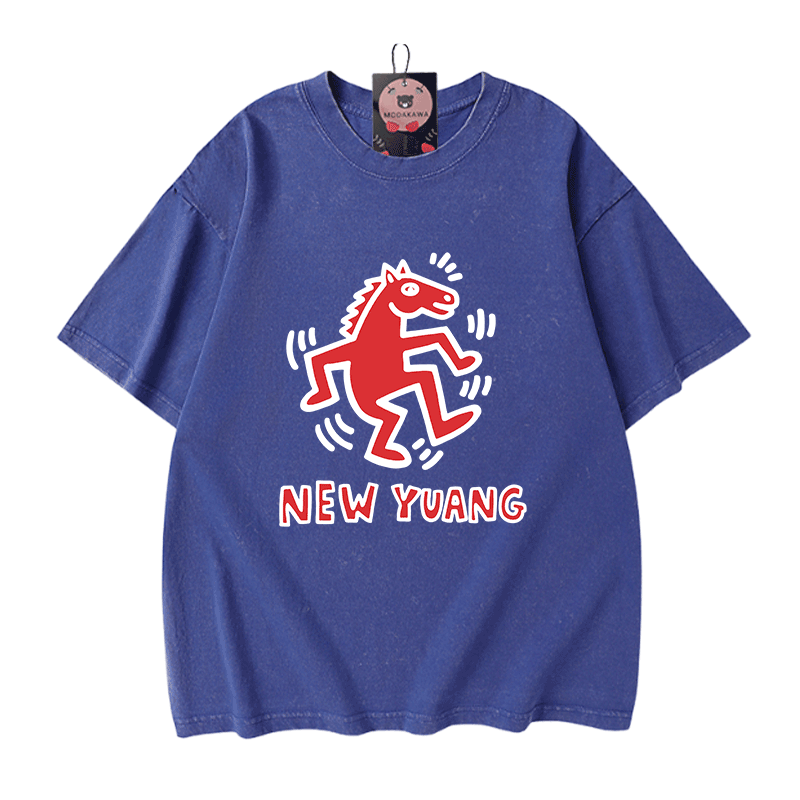 NEUES YUANG Pferde-Grafik Modakawa Unisex Vintage Washed T-Shirt - Blue - 5XL - image 6