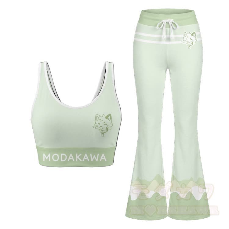 Zunge-raus-Kitty-Grafik-Crop-Tanktop, Sporttop, Schlaghose, Modakawa-Partnerlook - Grünes Set - 2XL - image 16