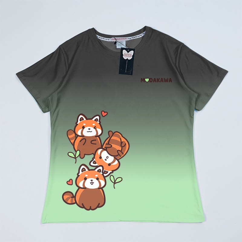 T-Shirt mit Farbverlauf und Roter Panda Grafik - Grünes C - 5XL - image 4
