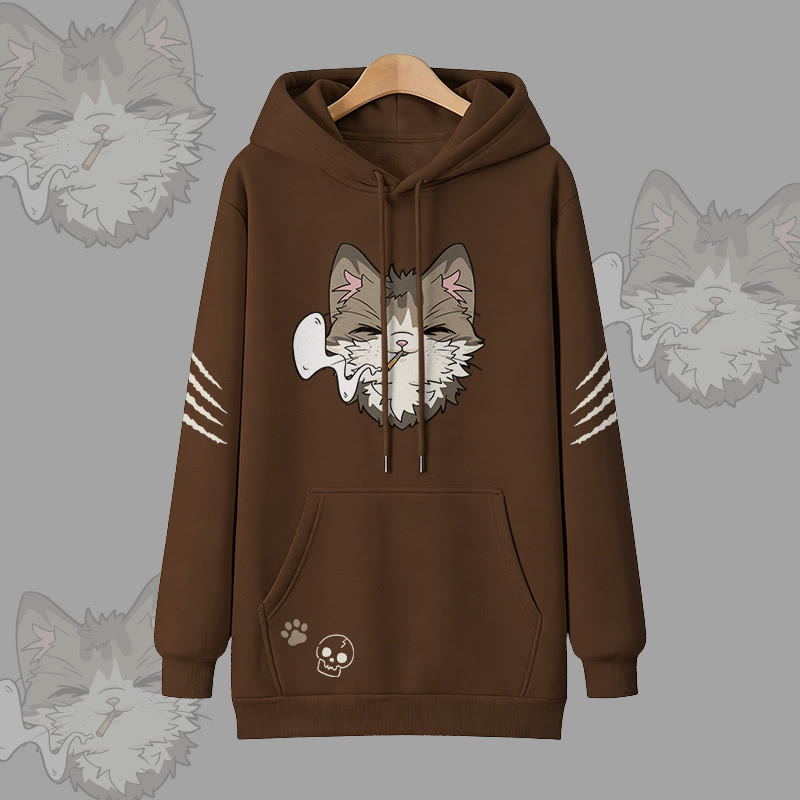 Modakawa Oversized Pullover Hoodie mit Raucherkatzen-Motiv - Brown - 3XL - image 3