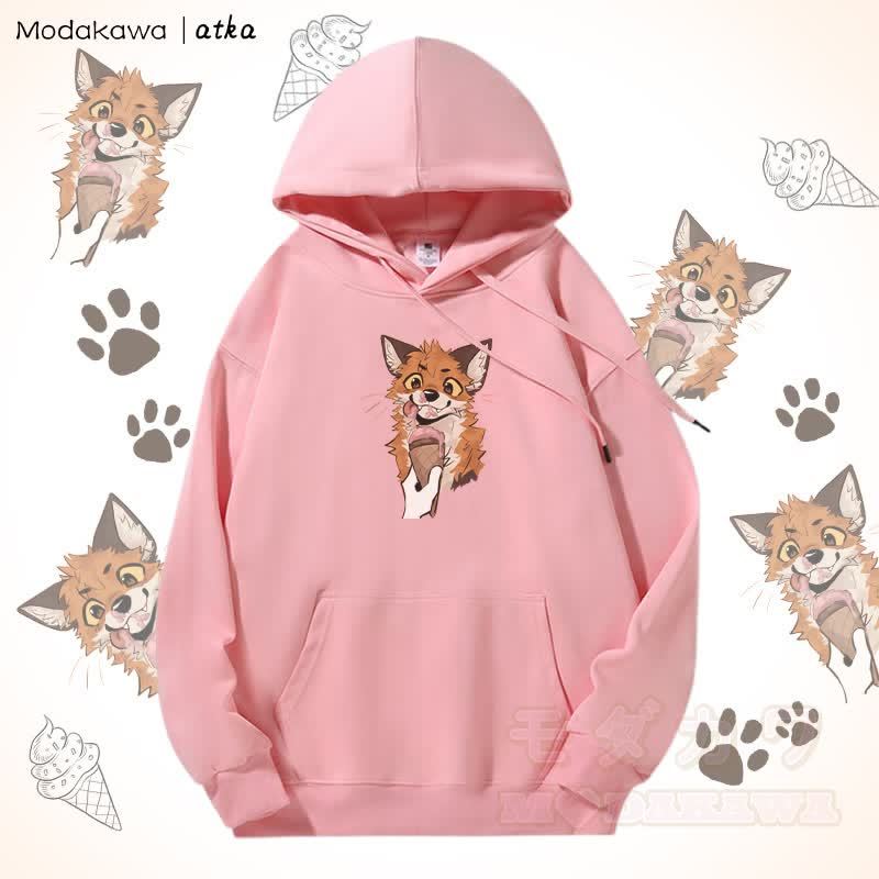 Kapuzenpullover mit Fleecefutter und Fuchs-Eiscreme-Grafik - Rosa - 5XL - image 7