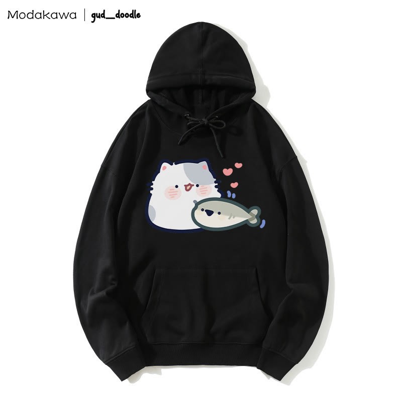 MODAKAWA X gud_doodle – Lockerer Hoodie mit Kitten-Fisch-Print - Black - 5XL - image 4