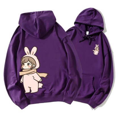 Niedlicher Cartoon Junge und Mädchen Grafik Paar Passender Hoodie - Dark Purple B - 5XL - image 13