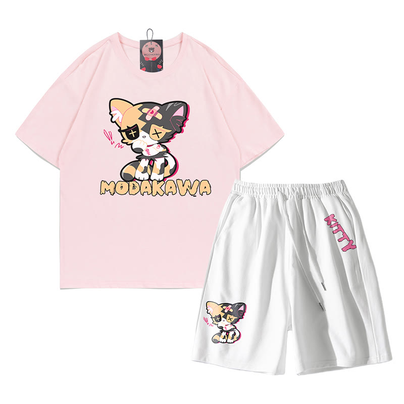 Sad Kitty Grafik Dark Aesthetic T-Shirt Shorts Zweiteiliges Set - Rosa&Weiß - B - 5XL - image 11