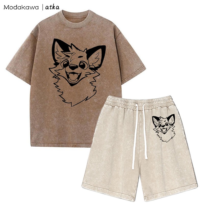 MODAKAWA X atka Fox T-Shirt Vintage Washed Shorts Zweiteiliges Set - Brown&Apricot - 3XL - image 15