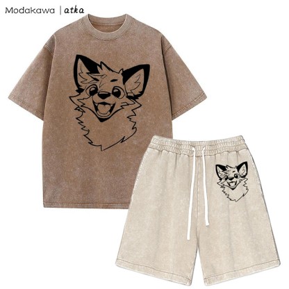 MODAKAWA X atka Fox T-Shirt Vintage Washed Shorts Zweiteiliges Set - Brown&Apricot - 3XL - image 15