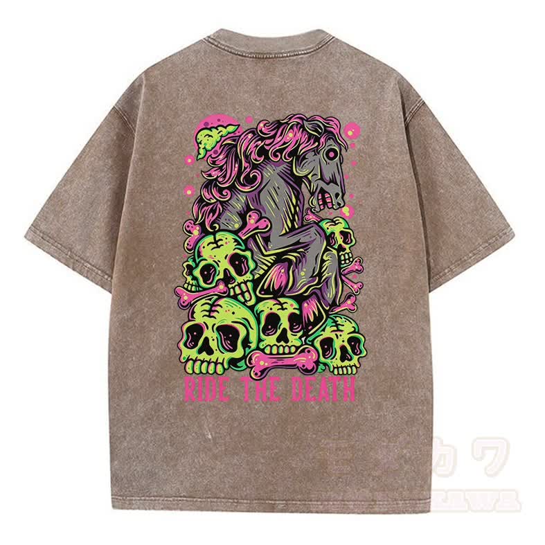 MODAKAWA RIDE THE DEATH Totenkopf-Grafik Vintage Washed T-Shirt - Khaki - 5XL - image 4