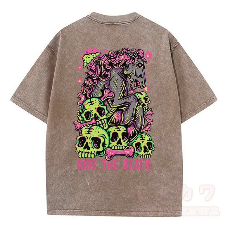 MODAKAWA RIDE THE DEATH Totenkopf-Grafik Vintage Washed T-Shirt - Khaki - 5XL - image 4