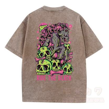 MODAKAWA RIDE THE DEATH Totenkopf-Grafik Vintage Washed T-Shirt - Khaki - 5XL - image 4