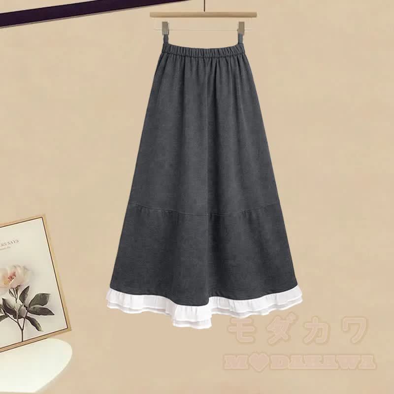 Unregelmäßiger Strickpullover, grauer Rock, passendes Outfit - Rock (Einzeln) - XL - image 3