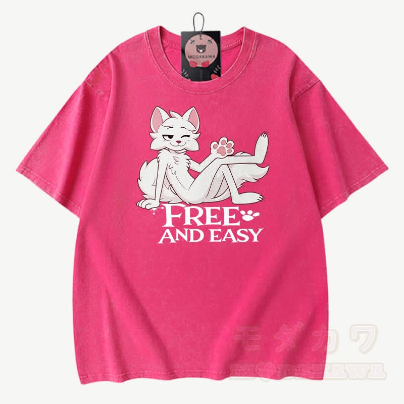 FREE AND EASY: Anime-Fuchs-Grafik, Modakawa Vintage-Waschung, 100 % Baumwolle, T-Shirt - Rosenrot - 3XL - image 7