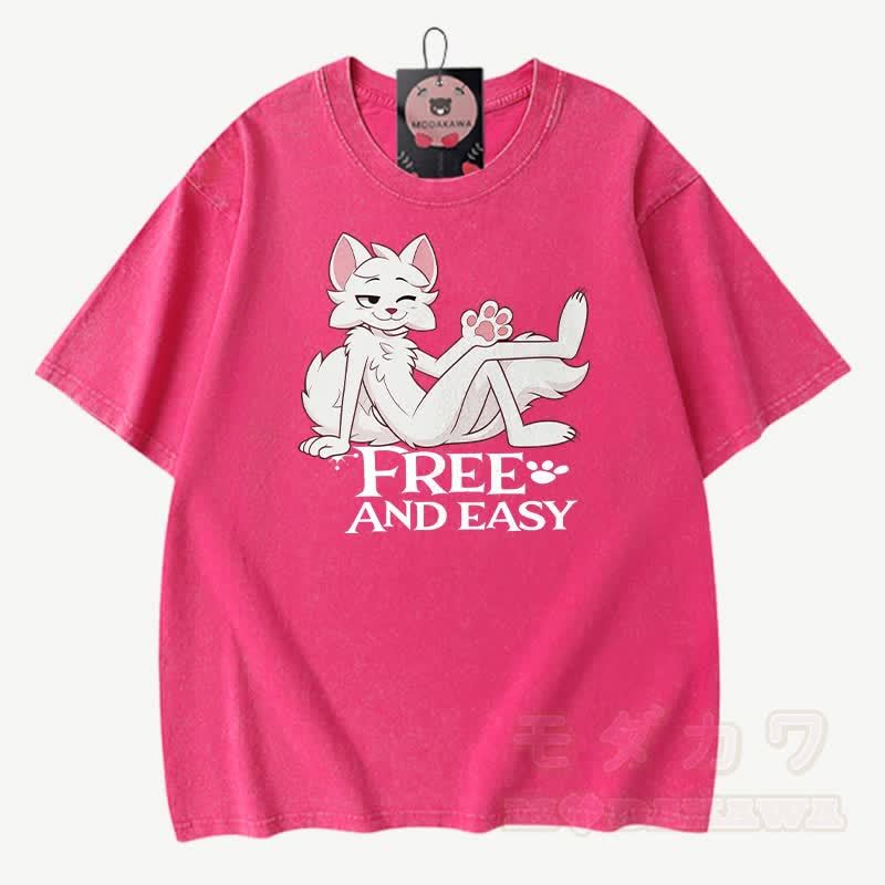 FREE AND EASY: Anime-Fuchs-Grafik, Modakawa Vintage-Waschung, 100 % Baumwolle, T-Shirt - Rosenrot - 3XL - image 7
