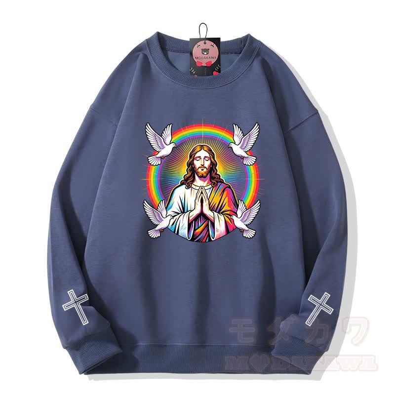 Modakawa Sweatshirt mit Regenbogen-Tauben-Kreuz-Motiv - Staubiges Blau - 5XL - image 4