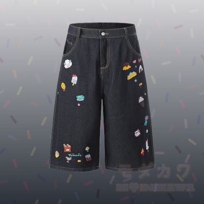 Polo-Shirt mit Welpen-Grafikstreifen, bestickte Jeans, kurze Hose, passendes Outfit von Modakawa - Schwarze Hose - XL - image 6