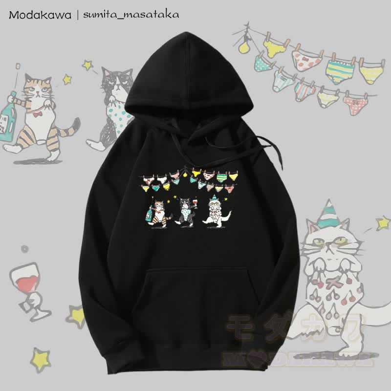 MODAKAWA X sumita_masataka Tipsy Party Cats Grafik-Hoodie mit Fleecefutter - Schwarz - 5XL - image 5