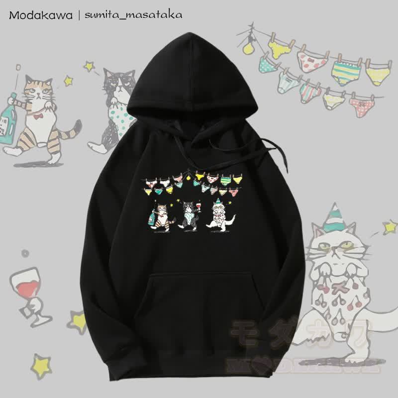 MODAKAWA X sumita_masataka Tipsy Party Cats Grafik-Hoodie mit Fleecefutter - Schwarz - 5XL - image 5