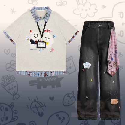 Flock Puppy Gingham Grafik-Polo-Shirt, Star Denimhose, Modakawa passendes Outfit - Satz C - XL - image 3