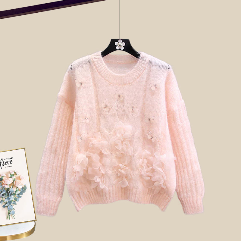 3D-Blumenstrickpullover und passender Farbverlaufrock – Outfit - Pink Sweater - XL - image 6