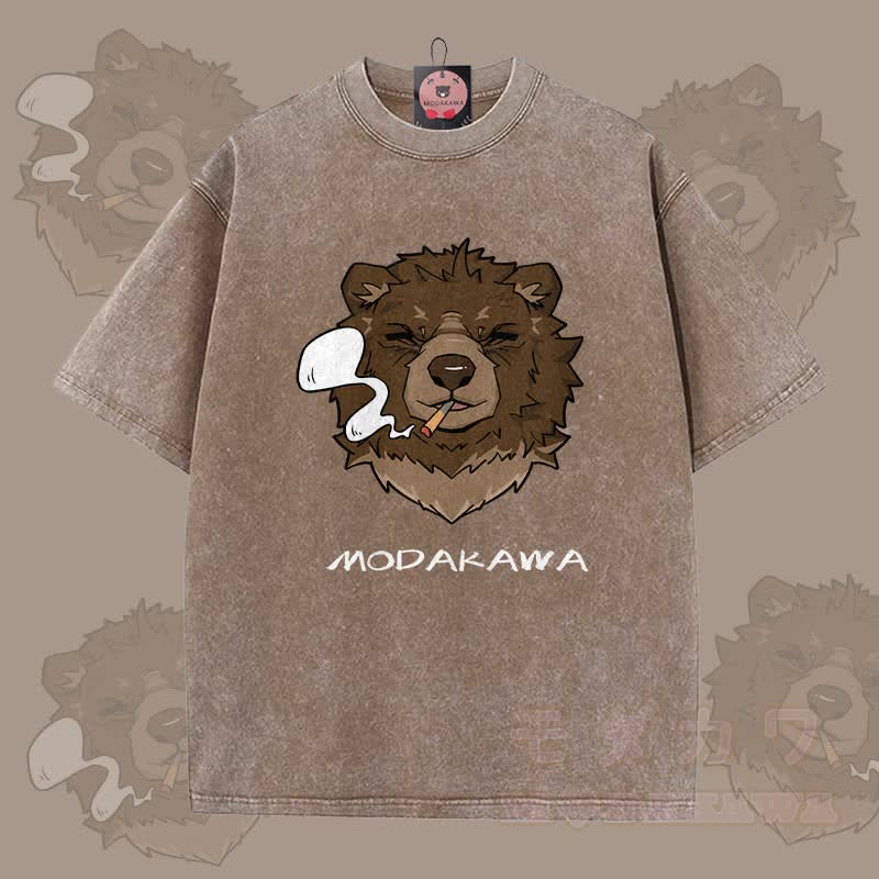 MODAKAWA Smoking Bear Grafik Unisex Vintage Washed T-Shirt - Braun - 5XL - image 6