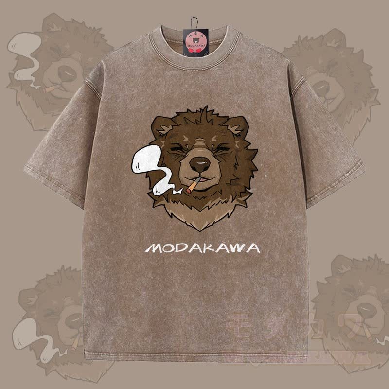 MODAKAWA Smoking Bear Grafik Unisex Vintage Washed T-Shirt - Braun - 5XL - image 6