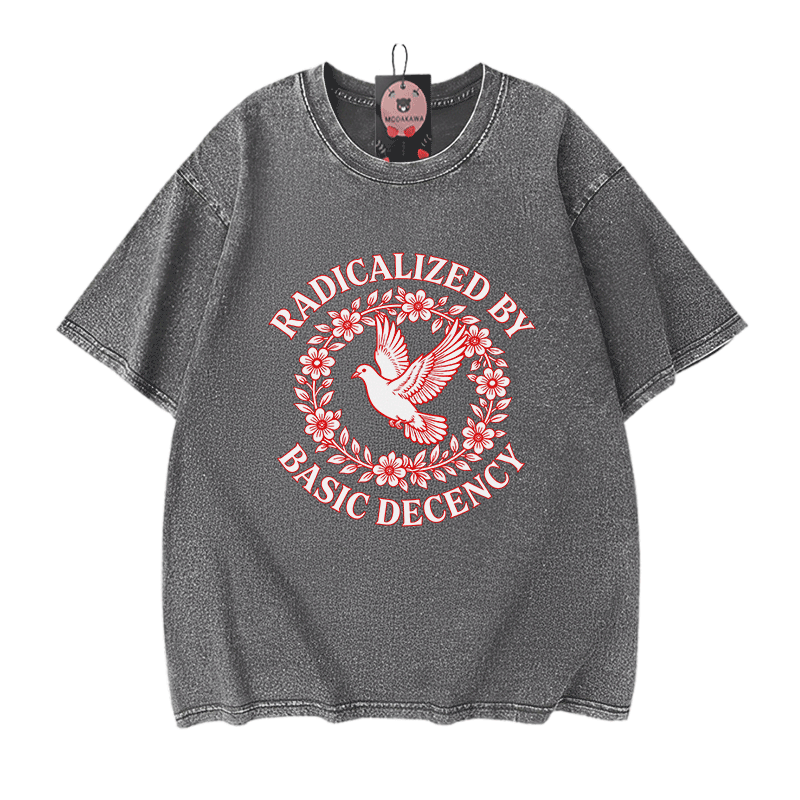 RADIKALISIERT DURCH GRUNDLEGENDE ANSTÄNDIGKEIT Taubengrafik Modakawa Vintage Washed 100% Baumwoll-T-Shirt - Grey - 5XL - image 10