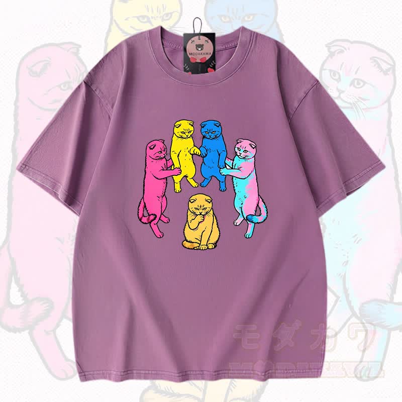MODAKAWA Katzen-Grafik Vintage-gewaschenes T-Shirt aus 100 % Baumwolle - Lila - 3XL - image 6