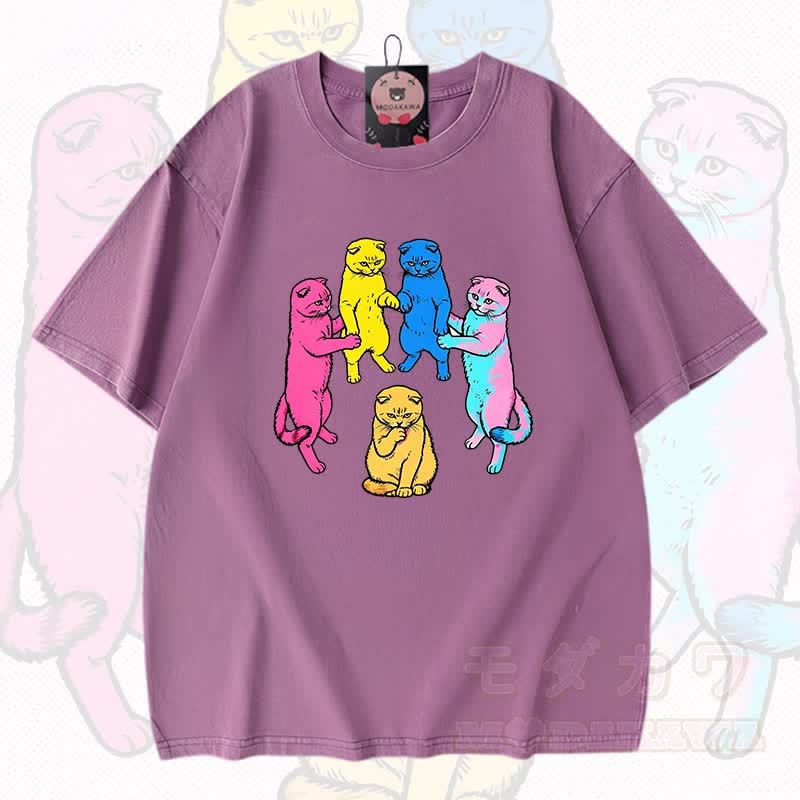 MODAKAWA Katzen-Grafik Vintage-gewaschenes T-Shirt aus 100 % Baumwolle - Lila - 3XL - image 6