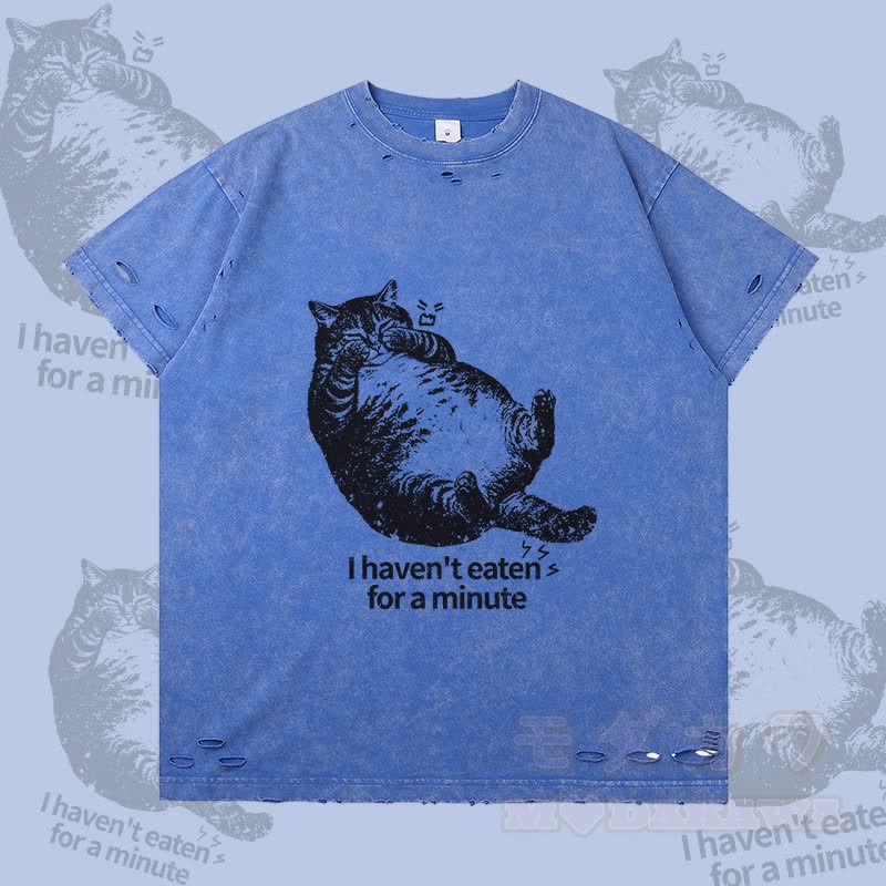 Ich habe seit einer Minute nichts gegessen – Modakawa T-Shirt mit Katzenmotiv und Rissen - Blau - 2XL - image 3