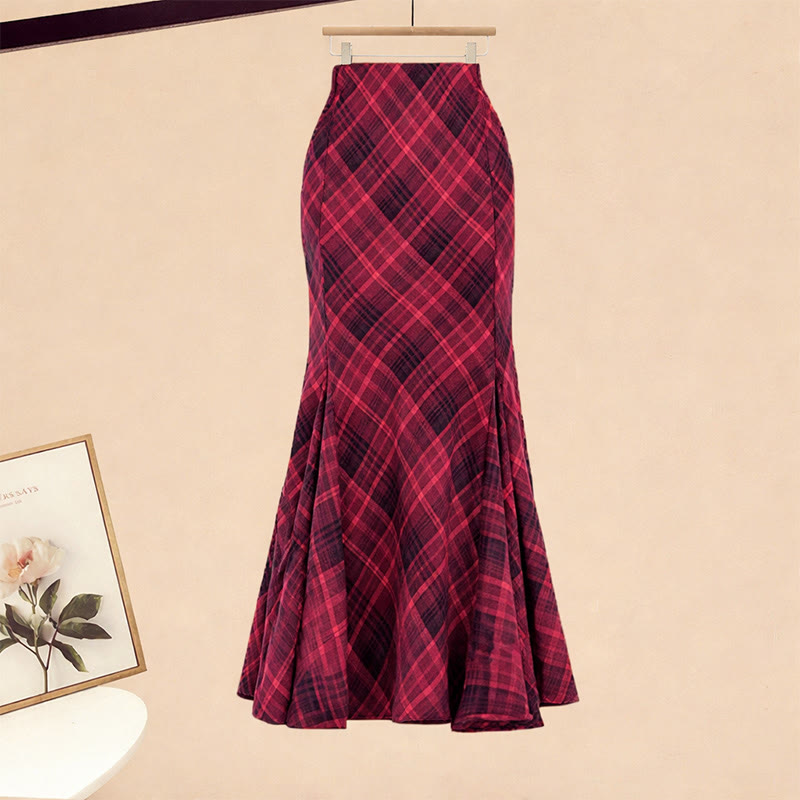 Strickkleid, roter Pullover, karierter Meerjungfrauenrock, passendes Outfit - Skirt - XL - image 4