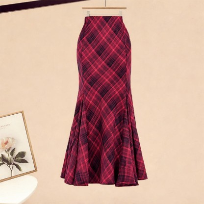 Strickkleid, roter Pullover, karierter Meerjungfrauenrock, passendes Outfit - Skirt - XL - image 4