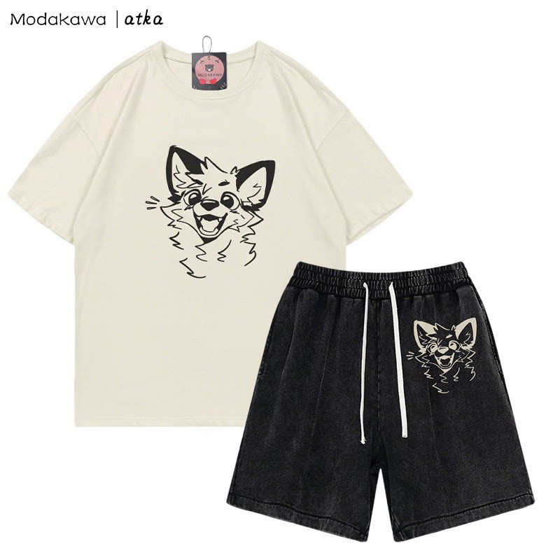 MODAKAWA X atka T-Shirt mit fröhlicher Fuchsgrafik und verwaschenen Vintage-Shorts, zweiteiliges Set - Beige&Black - 3XL - image 4