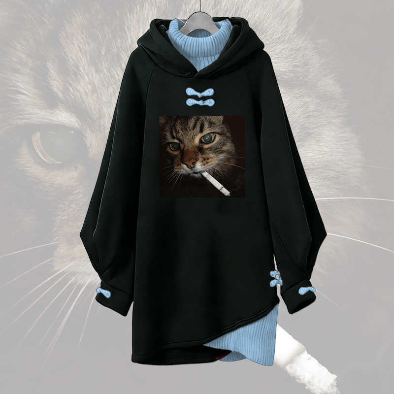 Smoking Cat Graphic Modakawa Buckle Vintage Kapuzenpullover Kleid - Blue - 3XL - image 2