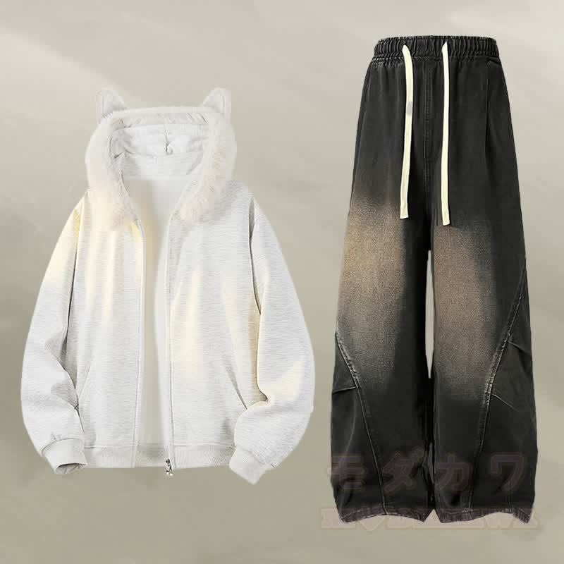 Zweiteiliger Hoodie mit Tierohren, Fleece-Futter, Reißverschluss und Jeans - Satz C - 2XL - image 3