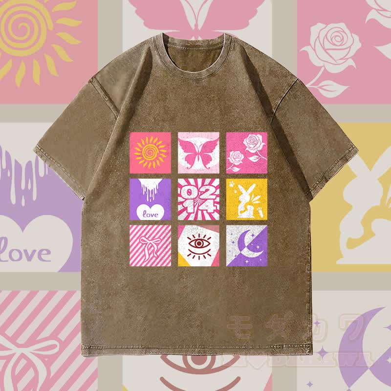 MODAKAWA Unisex Vintage Washed T-Shirt mit gemischtem Symbolgitter - Dunkelbraun - 4XL - image 3