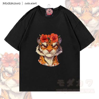 MODAKAWA X cute.aiart Tiger Grafik T-Shirt aus 100 % Baumwolle - Schwarz - 5XL - image 3