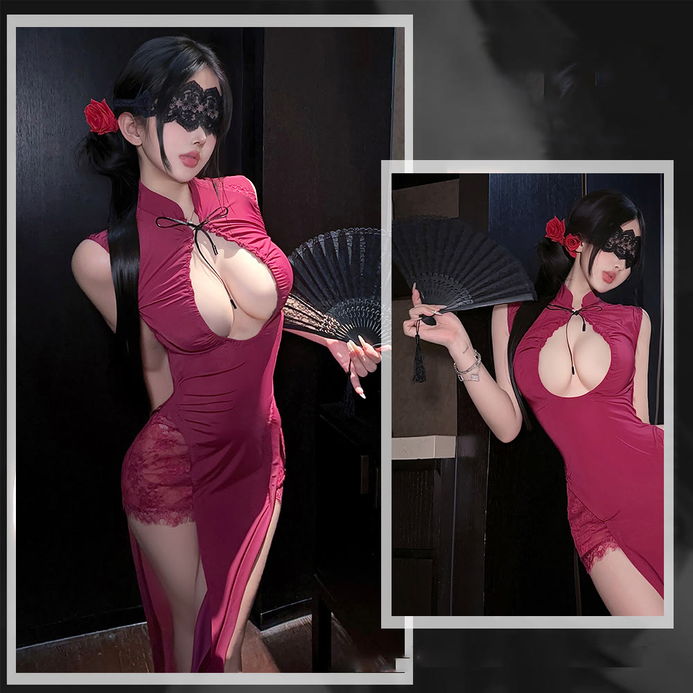 Sexy Cheongsam-Dessous mit Spitzenschlitz - Dessous + Schlafmaske + Faltfächer - One Size - image 9