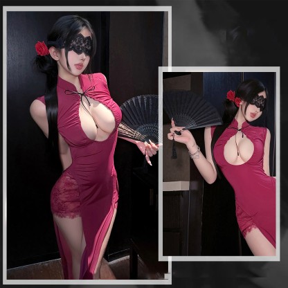 Sexy Cheongsam-Dessous mit Spitzenschlitz - Dessous + Schlafmaske + Faltfächer - One Size - image 9