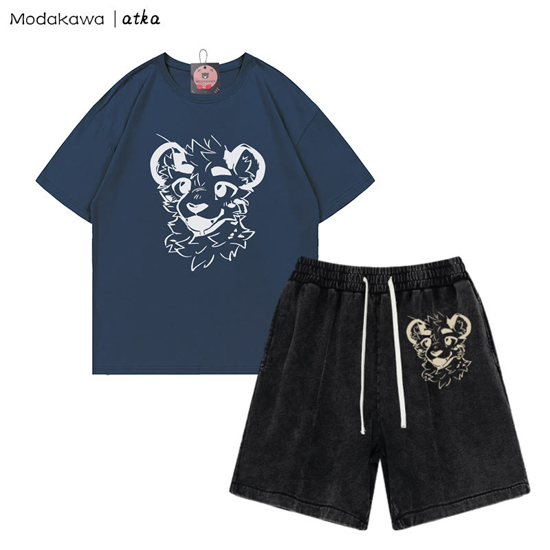 Freches T-Shirt mit Tigergesicht-Grafik und verwaschenen Vintage-Shorts, zweiteiliges Set - Purplish Blue&Black - 3XL - image 8