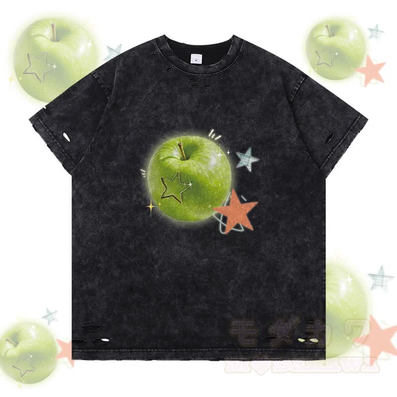 Grünes Apfelstern-Grafik-Modakawa-Zerrissenes T-Shirt - Schwarz - 2XL - image 4
