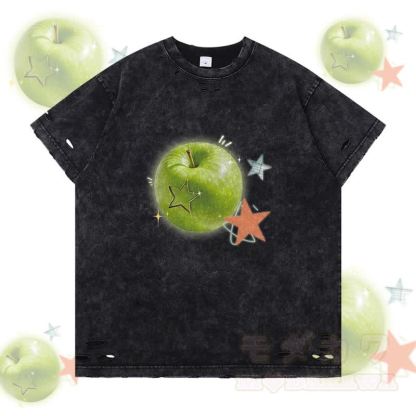 Grünes Apfelstern-Grafik-Modakawa-Zerrissenes T-Shirt - Schwarz - 2XL - image 4